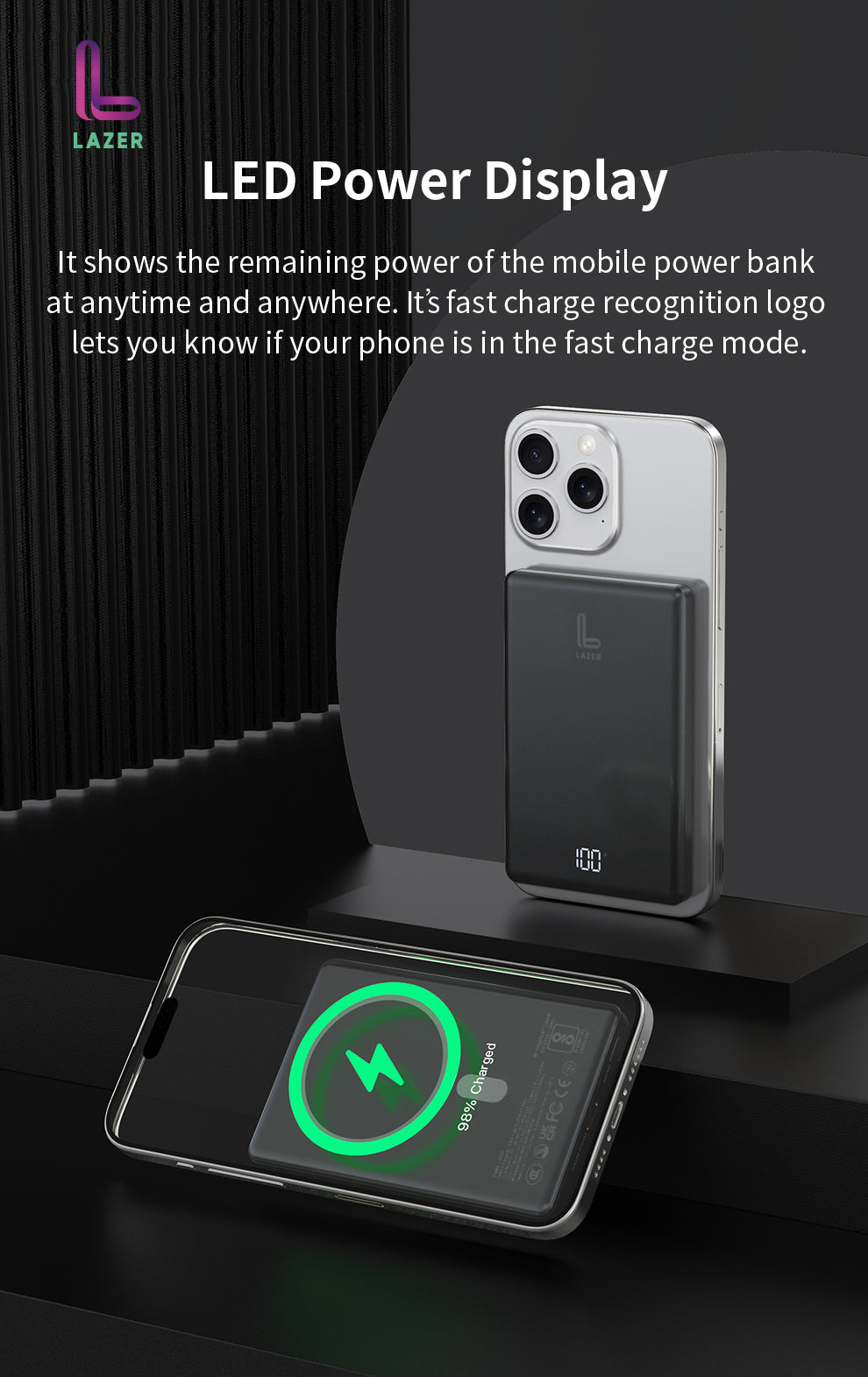 Lazer Wireless MagSleek 5000mAh 20W Fast Charging Sleek Digital Magsafe Power Bank | With Flagship on Display LED Indicator | Compatible with iPhone